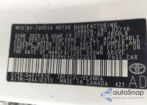 2016 Toyota Corolla Le z USA, uszkodzony, nr VIN 2T1BURHE4GC623039